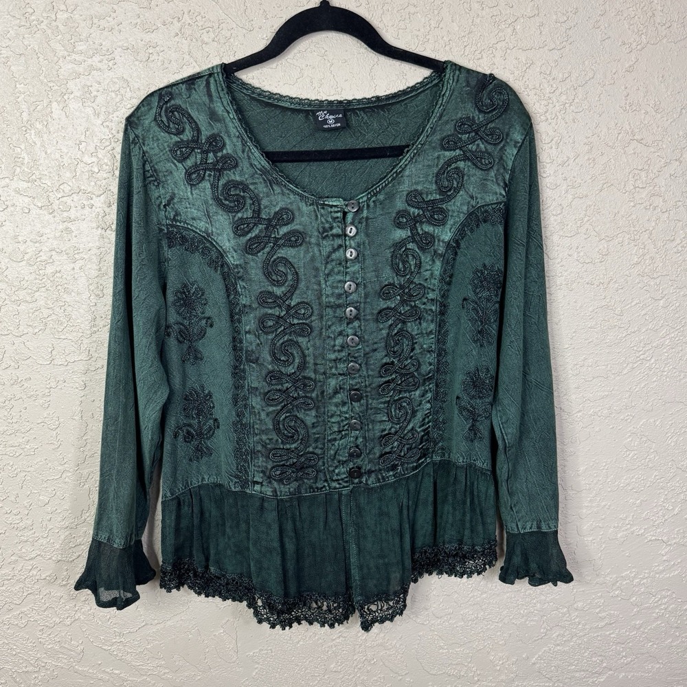 My Choice VTG Y2K Embroidered Boho Top Size M Forest Green Fairy Grunge Elfcore